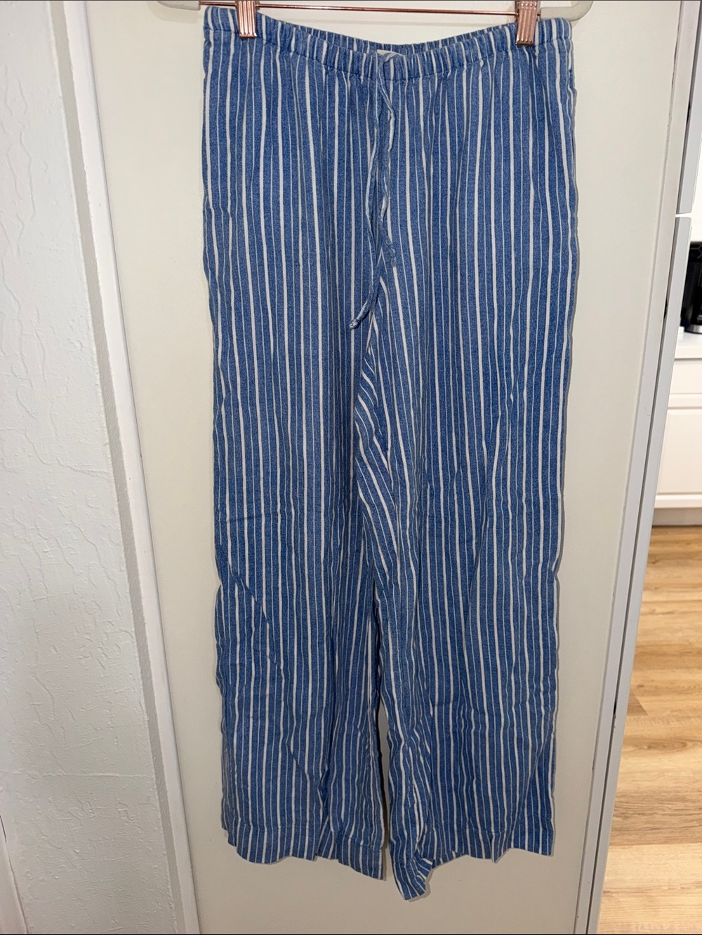 a new day Blue and White Vertical Stripe Drawstring Linen Blend Pants S Regular